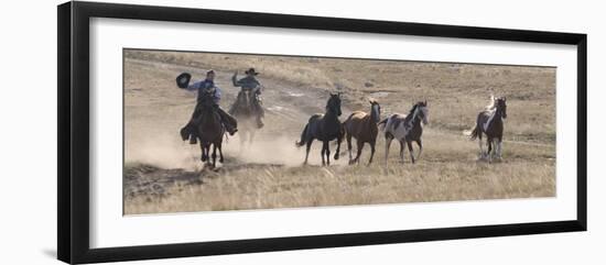 Two Cowboys Herding Horses, Flitner Ranch, Shell, Wyoming, USA-Carol Walker-Framed Photographic Print