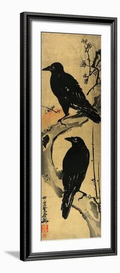 Two Crows on a Plum Branch with Rising Sun-Kyosai Kawanabe-Framed Giclee Print