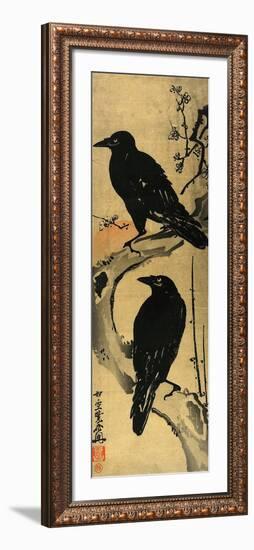 Two Crows on a Plum Branch with Rising Sun-Kyosai Kawanabe-Framed Giclee Print