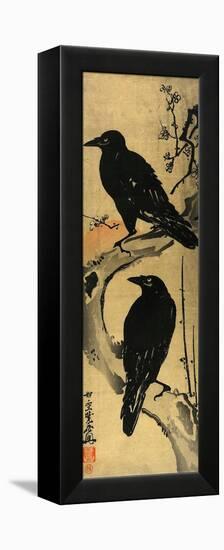 Two Crows on a Plum Branch with Rising Sun-Kyosai Kawanabe-Framed Premier Image Canvas