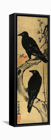 Two Crows on a Plum Branch with Rising Sun-Kyosai Kawanabe-Framed Premier Image Canvas