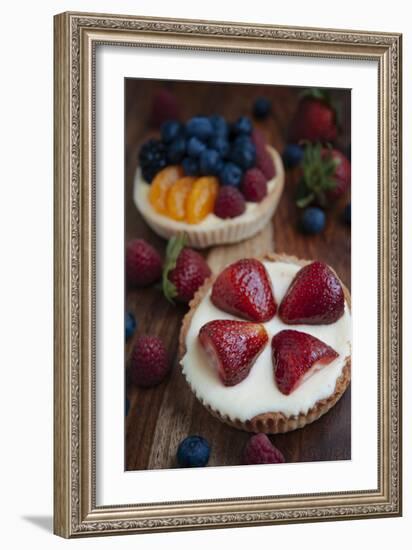Two Custard Fruit Tarts With Strawberries, Blueberries, Raspberries And Mandarin Oranges In Custard-Shea Evans-Framed Photographic Print