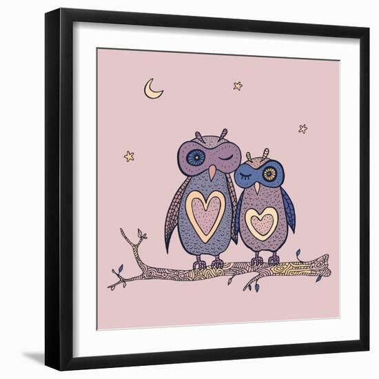 Two Cute Decorative Owls.-Katyau-Framed Art Print