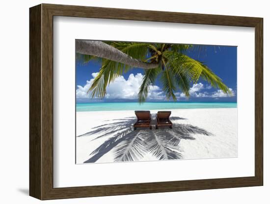 Two deck chairs under palm trees and tropical beach, The Maldives, Indian Ocean, Asia-Sakis Papadopoulos-Framed Photographic Print