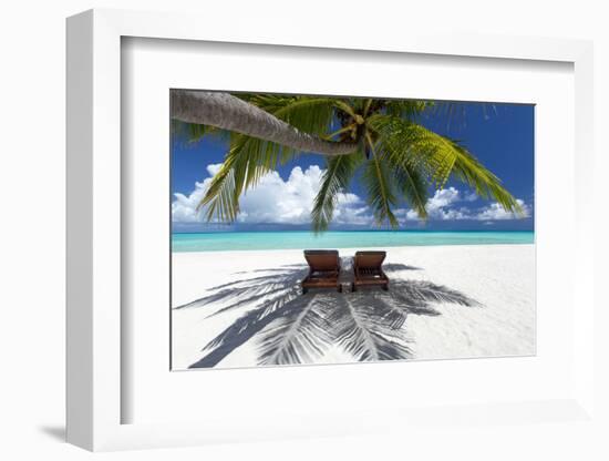 Two deck chairs under palm trees and tropical beach, The Maldives, Indian Ocean, Asia-Sakis Papadopoulos-Framed Photographic Print