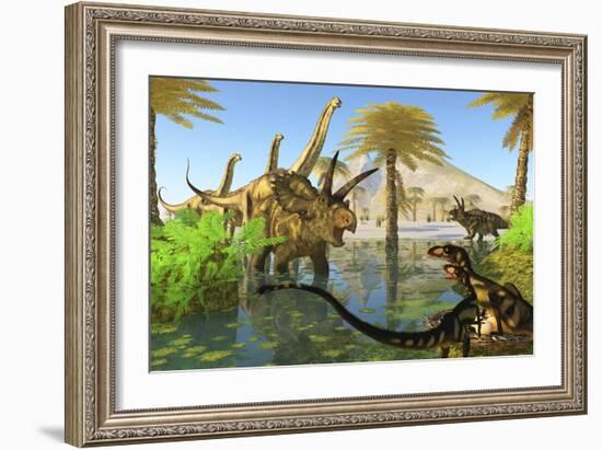 Two Dilong Dinosaurs Guard their Nest from a Coahuilaceratops-null-Framed Art Print
