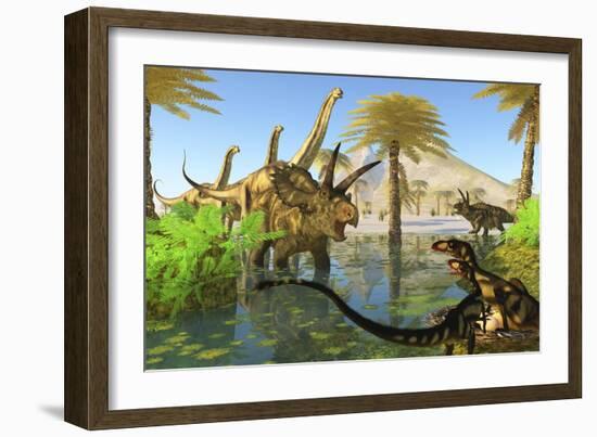 Two Dilong Dinosaurs Guard their Nest from a Coahuilaceratops-null-Framed Art Print