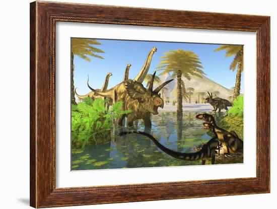 Two Dilong Dinosaurs Guard their Nest from a Coahuilaceratops-null-Framed Art Print