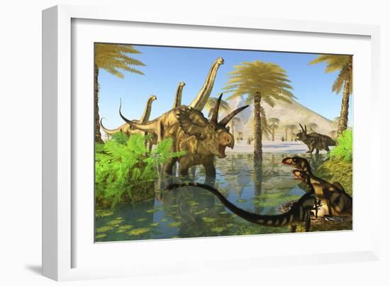 Two Dilong Dinosaurs Guard their Nest from a Coahuilaceratops-null-Framed Art Print