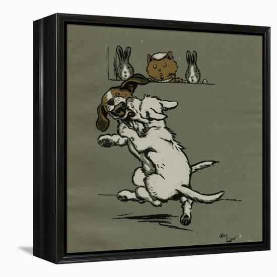 Two Dogs Fighting Outside Tabitha's House-Cecil Aldin-Framed Stretched Canvas