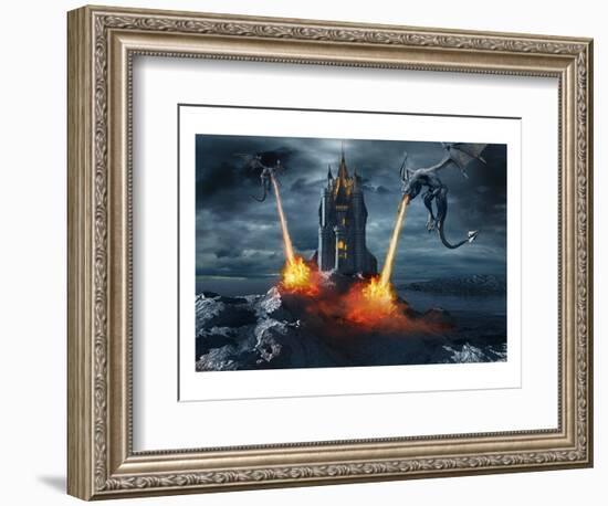 Two Dragons Attacking a Castle-null-Framed Art Print