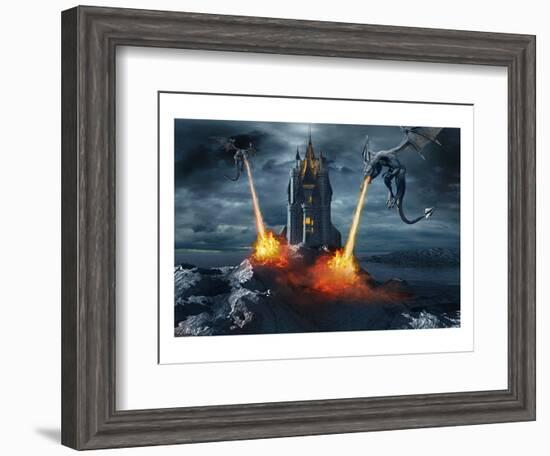 Two Dragons Attacking a Castle-null-Framed Art Print