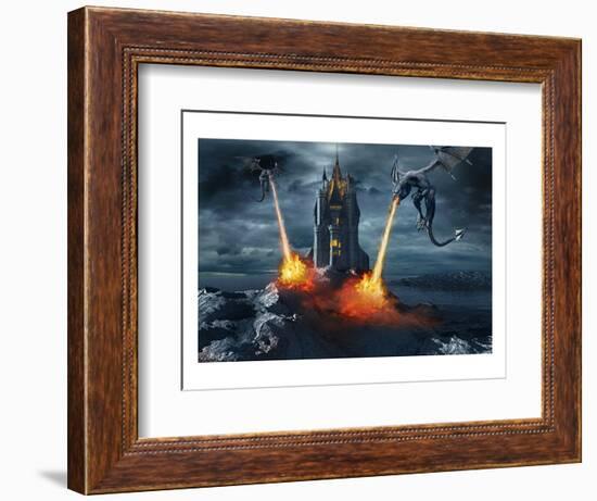 Two Dragons Attacking a Castle-null-Framed Art Print