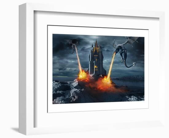 Two Dragons Attacking a Castle-null-Framed Art Print