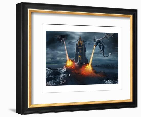 Two Dragons Attacking a Castle-null-Framed Art Print