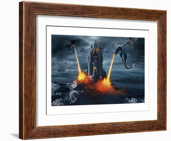 Two Dragons Attacking a Castle-null-Framed Art Print