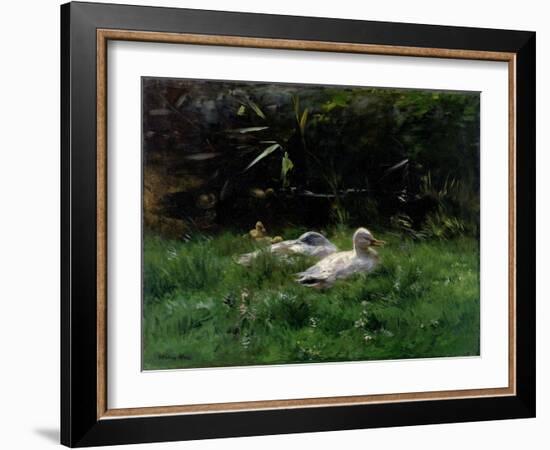 Two Ducks and a Few Chickens in the Grass Near the Waterfront-Willem Maris-Framed Art Print