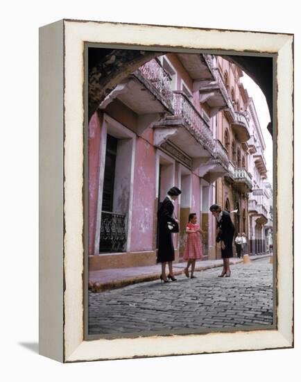 Two Eastern Airlines Stewardesses Talking to Native Girl on Street-null-Framed Premier Image Canvas