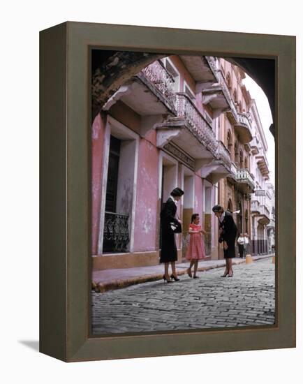 Two Eastern Airlines Stewardesses Talking to Native Girl on Street-null-Framed Premier Image Canvas