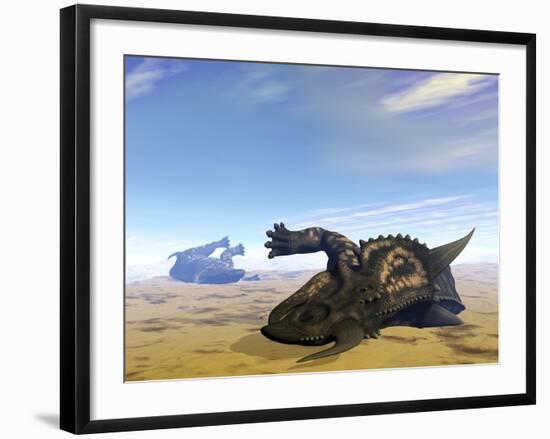 Two Einiosaurus Dinosaurs Dead in the Desert Because of Lack of Water-Stocktrek Images-Framed Art Print