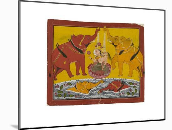 Two Elephants Bathing Gaja Lakshmi-null-Mounted Art Print