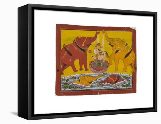 Two Elephants Bathing Gaja Lakshmi-null-Framed Stretched Canvas