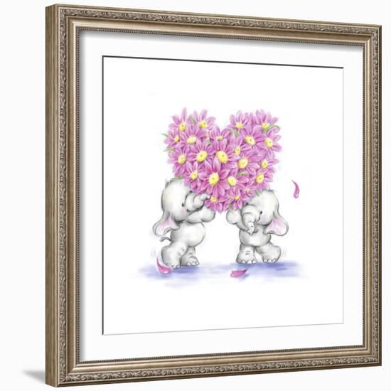 Two Elephants with Heart Shaped Flowers-MAKIKO-Framed Giclee Print