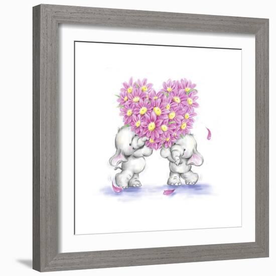 Two Elephants with Heart Shaped Flowers-MAKIKO-Framed Giclee Print