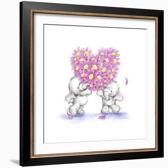 Two Elephants with Heart Shaped Flowers-MAKIKO-Framed Giclee Print