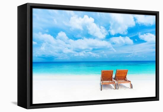 Two Empty Sunbed on the Beach, Beautiful Seascape, Relaxation on Maldives Island, Luxury Summer Vac-Anna Omelchenko-Framed Premier Image Canvas