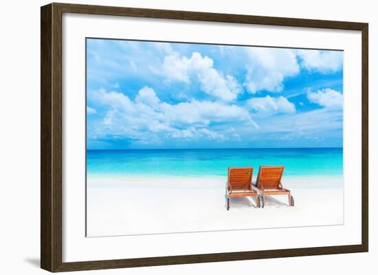 Two Empty Sunbed on the Beach, Beautiful Seascape, Relaxation on Maldives Island, Luxury Summer Vac-Anna Omelchenko-Framed Photographic Print