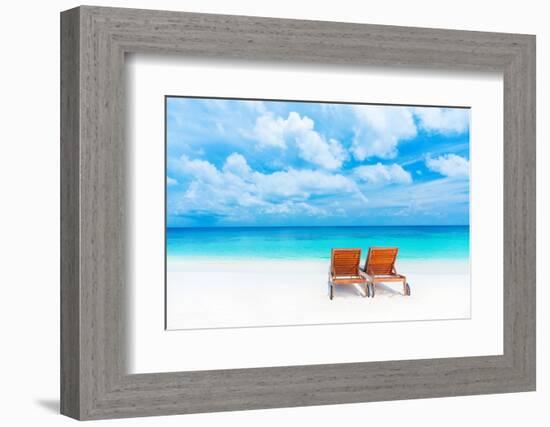 Two Empty Sunbed on the Beach, Beautiful Seascape, Relaxation on Maldives Island, Luxury Summer Vac-Anna Omelchenko-Framed Photographic Print