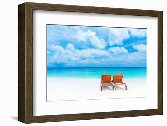 Two Empty Sunbed on the Beach, Beautiful Seascape, Relaxation on Maldives Island, Luxury Summer Vac-Anna Omelchenko-Framed Photographic Print