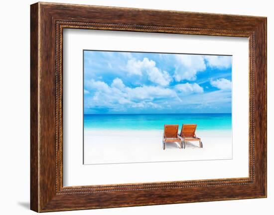 Two Empty Sunbed on the Beach, Beautiful Seascape, Relaxation on Maldives Island, Luxury Summer Vac-Anna Omelchenko-Framed Photographic Print