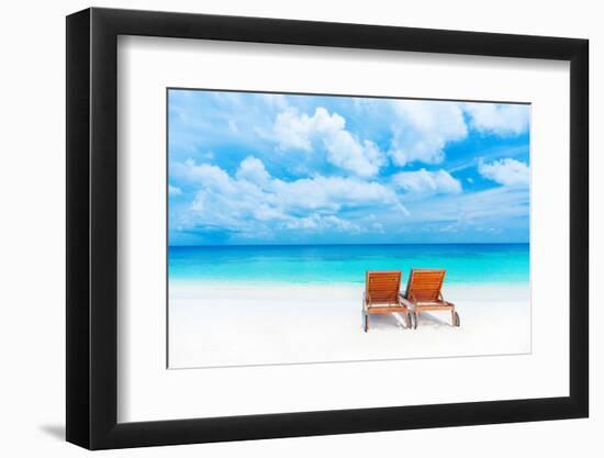 Two Empty Sunbed on the Beach, Beautiful Seascape, Relaxation on Maldives Island, Luxury Summer Vac-Anna Omelchenko-Framed Photographic Print