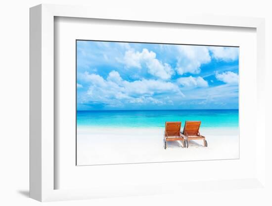 Two Empty Sunbed on the Beach, Beautiful Seascape, Relaxation on Maldives Island, Luxury Summer Vac-Anna Omelchenko-Framed Photographic Print