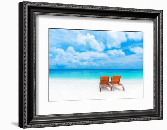 Two Empty Sunbed on the Beach, Beautiful Seascape, Relaxation on Maldives Island, Luxury Summer Vac-Anna Omelchenko-Framed Photographic Print