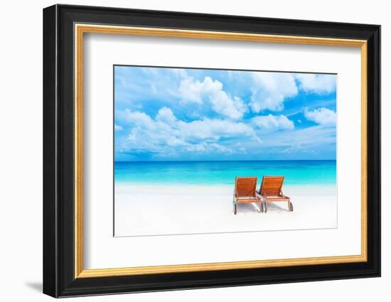 Two Empty Sunbed on the Beach, Beautiful Seascape, Relaxation on Maldives Island, Luxury Summer Vac-Anna Omelchenko-Framed Photographic Print