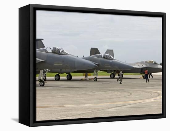 Two F-15's An An F-22 Raptor Parked On the Runway at Kadena Air Base, Japan-Stocktrek Images-Framed Premier Image Canvas