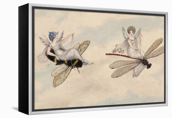 Two Fairies Flying Through the Air, One Seated on a Bee and the Other on a Dragonfly-Amelia Jane Murray-Framed Premier Image Canvas