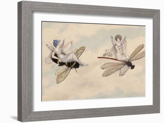 Two Fairies Flying Through the Air, One Seated on a Bee and the Other on a Dragonfly-Amelia Jane Murray-Framed Giclee Print