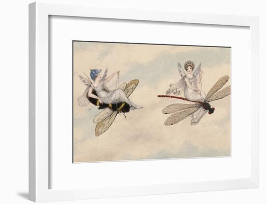 Two Fairies Flying Through the Air, One Seated on a Bee and the Other on a Dragonfly-Amelia Jane Murray-Framed Giclee Print