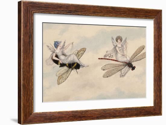 Two Fairies Flying Through the Air, One Seated on a Bee and the Other on a Dragonfly-Amelia Jane Murray-Framed Giclee Print