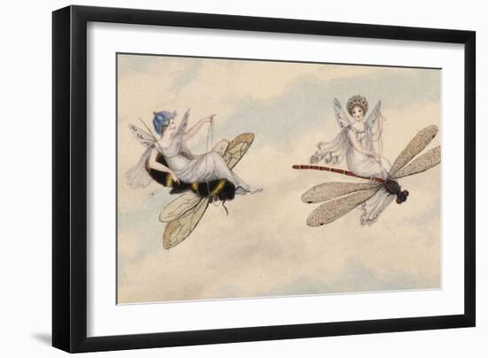 Two Fairies Flying Through the Air, One Seated on a Bee and the Other on a Dragonfly-Amelia Jane Murray-Framed Giclee Print