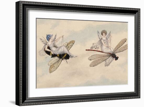 Two Fairies Flying Through the Air, One Seated on a Bee and the Other on a Dragonfly-Amelia Jane Murray-Framed Giclee Print