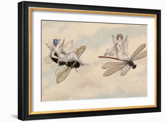 Two Fairies Flying Through the Air, One Seated on a Bee and the Other on a Dragonfly-Amelia Jane Murray-Framed Giclee Print