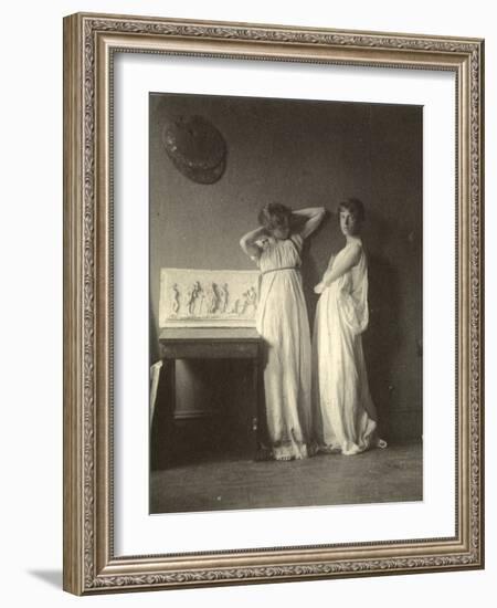 Two Female Models in Classical Costume with Eakins's Sculpture 'Arcadia', c.1883-Thomas Cowperthwait Eakins-Framed Photographic Print