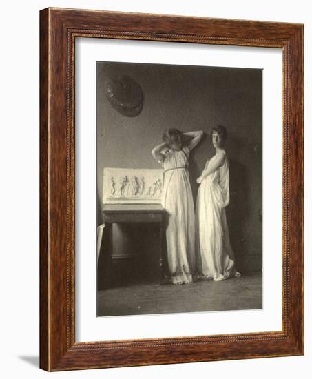 Two Female Models in Classical Costume with Eakins's Sculpture 'Arcadia', c.1883-Thomas Cowperthwait Eakins-Framed Photographic Print