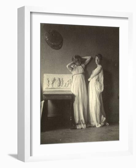 Two Female Models in Classical Costume with Eakins's Sculpture 'Arcadia', c.1883-Thomas Cowperthwait Eakins-Framed Photographic Print