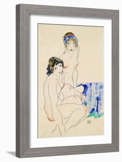 Two Female Nudes by the Water-Egon Schiele-Framed Giclee Print